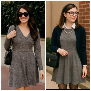 Madewell Heather Gray Long Sleeve V-Neck Fit & Flare Knee Length Dress Size 4